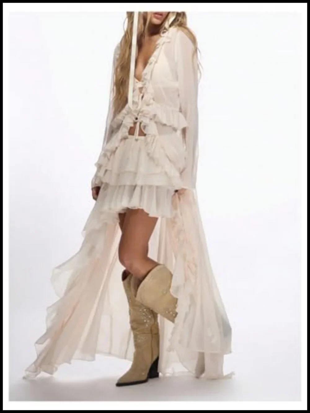 Western High Low Ruffle Chiffon Skirt - Cowgirl Country Concert Outfit - Picture 2 of 5